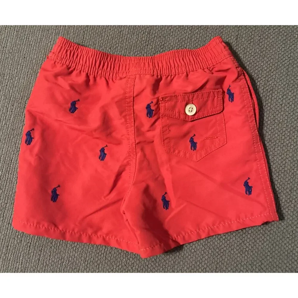 Infant Boys RALPH LAUREN red AOP Embroidered Ponies Swim Trunks 18M *B5